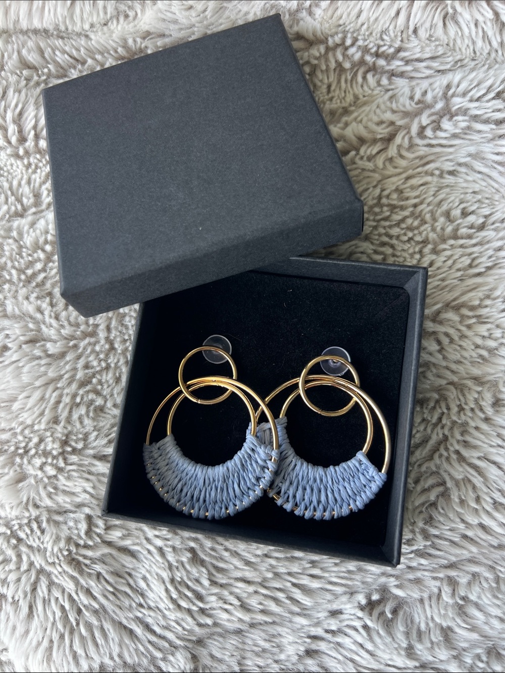 Gold Hoop Earrings with Light Blue Woven Accent - Women Jewelry